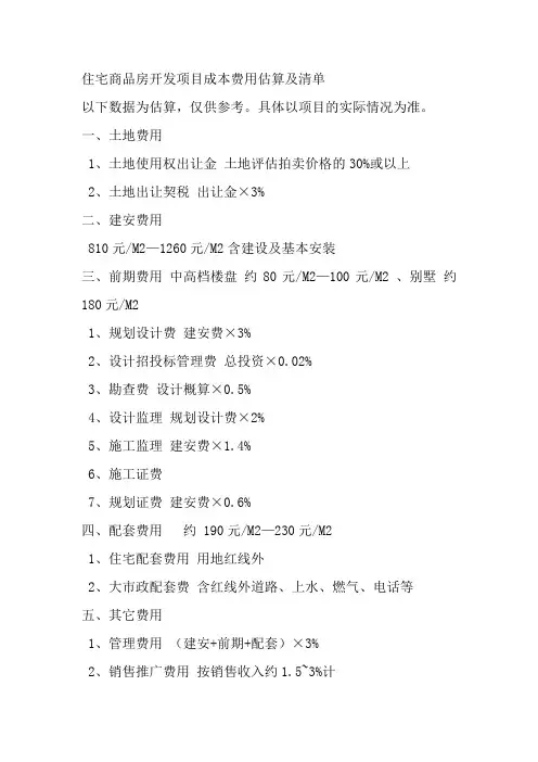 住宅商品房开发项目成本费用估算及清单及其他
