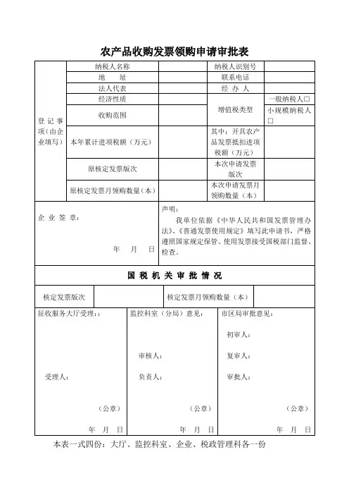 农产品收购发票领购申请审批表