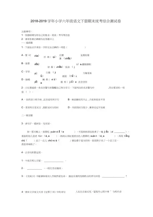 部编版2018-2019学年小学六年级语文下册期末统考综合测试卷