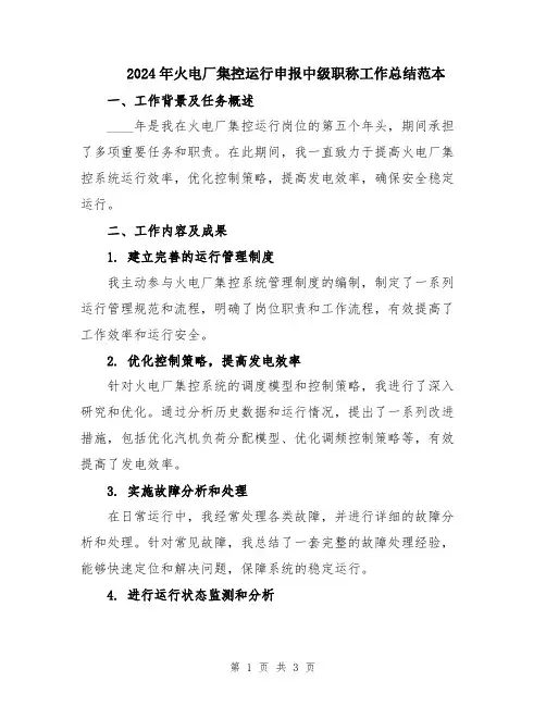 2024年火电厂集控运行申报中级职称工作总结范本