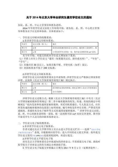 关于2014年北京大学毕业研究生提交学位论文的通知