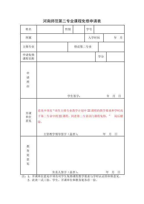 河南师范大学双学位专业课程免修申请表