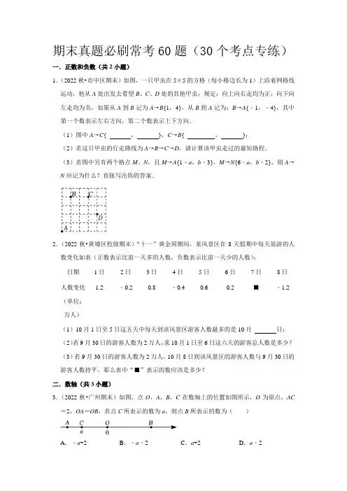 七年级数学期末真题必刷常考60题(30个考点专练)(原卷版)