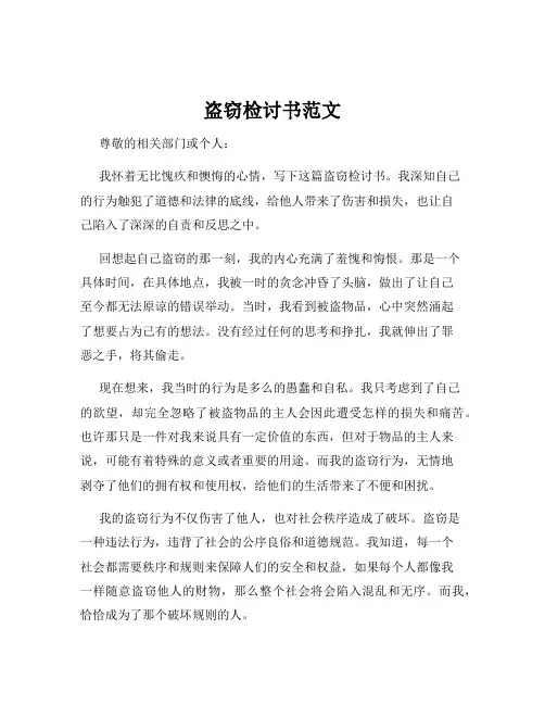 盗窃检讨书范文