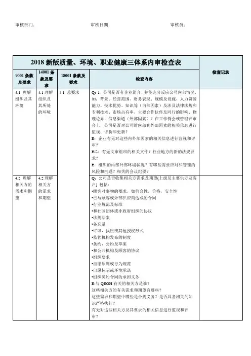 2018年新版三体系内审检查表