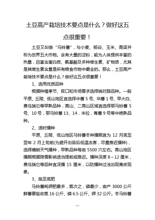 土豆高产栽培技术要点是什么？做好这五点很重要!