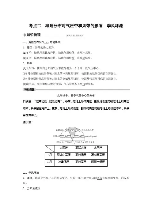 高考地理复习 选择性必修1 第3章 第22讲 考点二 海陆分布对气压带和风带的影响 季风环流