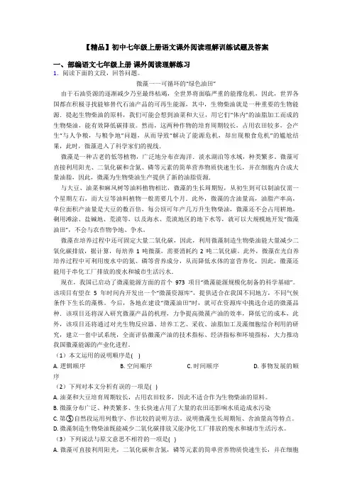 【精品】初中七年级上册语文课外阅读理解训练试题及答案