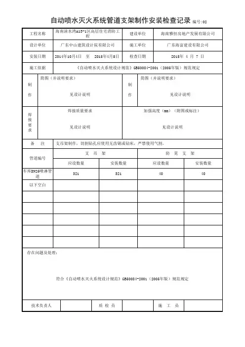 自动喷水灭火系统管道支架制作安装检查记录