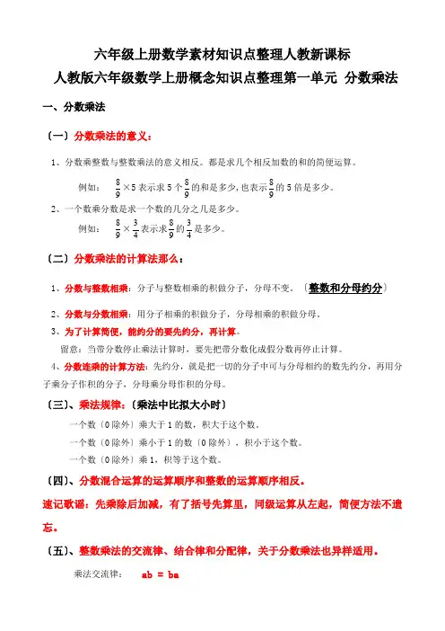 六年级上册数学素材知识点整理人教新课标