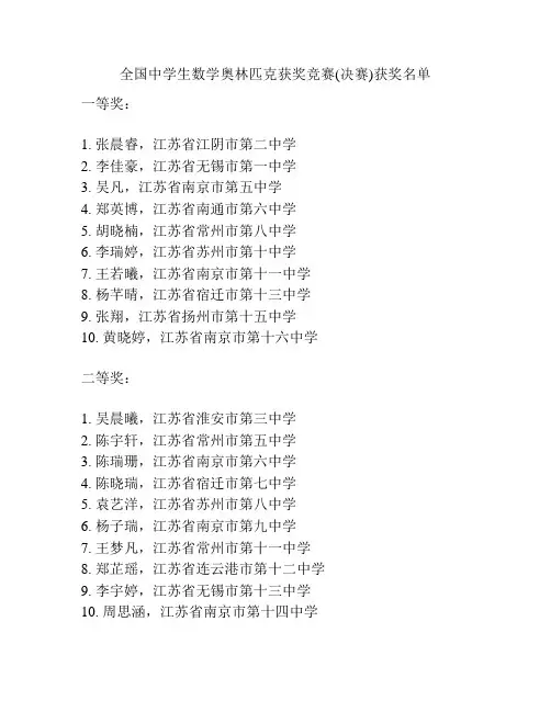 全国中学生数学奥林匹克获奖竞赛(决赛)获奖名单