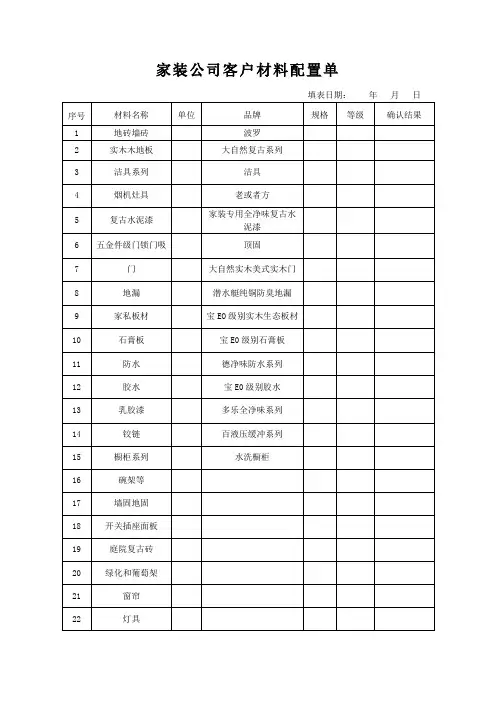 家装公司客户材料配置单