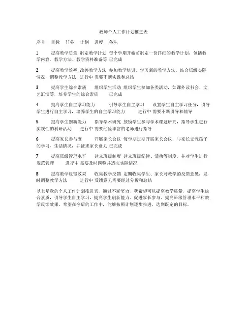 教师个人工作计划推进表