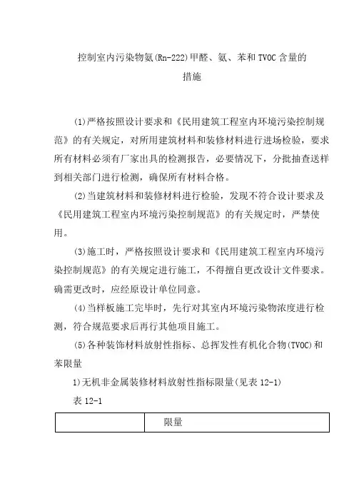 控制室内污染物氡(Rn-222)甲醛、氨、苯和 TVOC 含量的措施