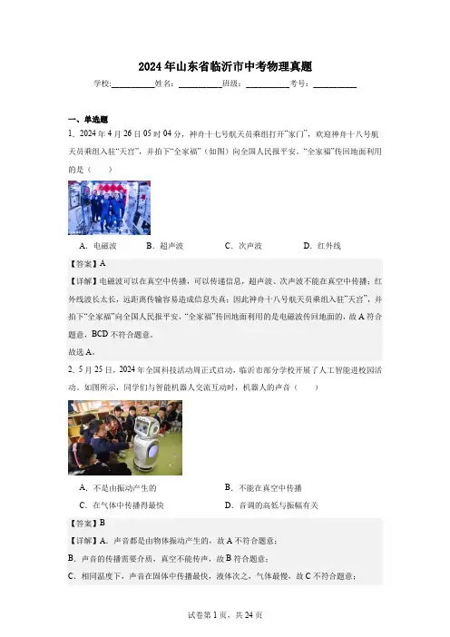 2024年山东省临沂市中考物理真题