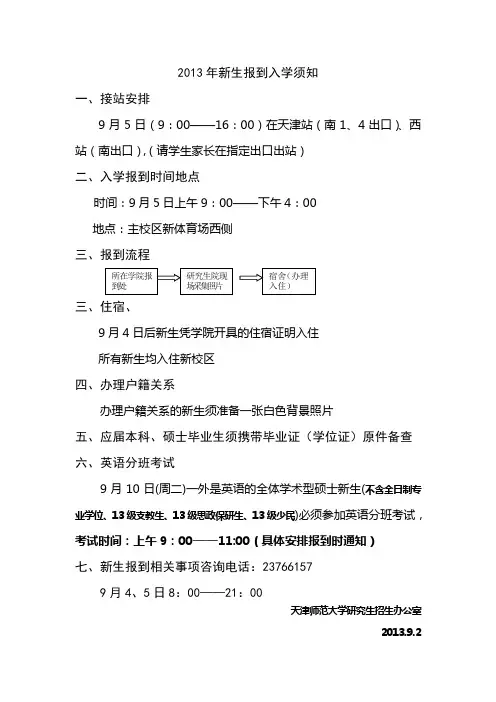 2013年新生报到须知天津师范大学