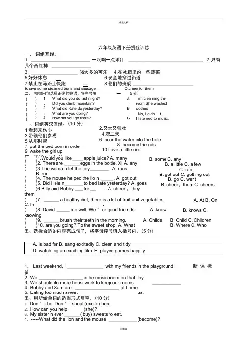 牛津译林版六年级英语下册提优考题训练二
