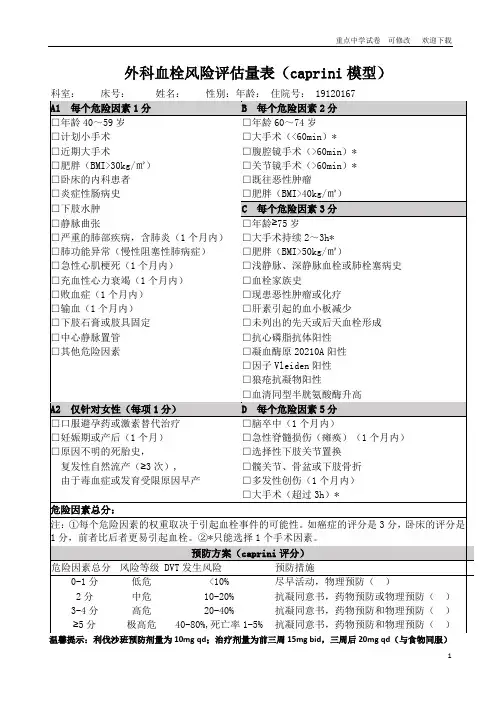 关于血栓风险评估量表(caprini和Padua)