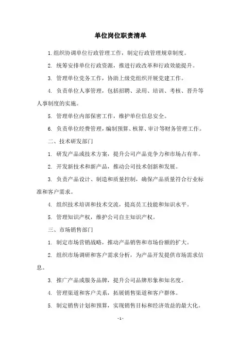 单位岗位职责清单