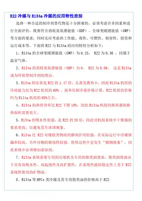 R22冷媒与R134a冷媒的应用特性差别