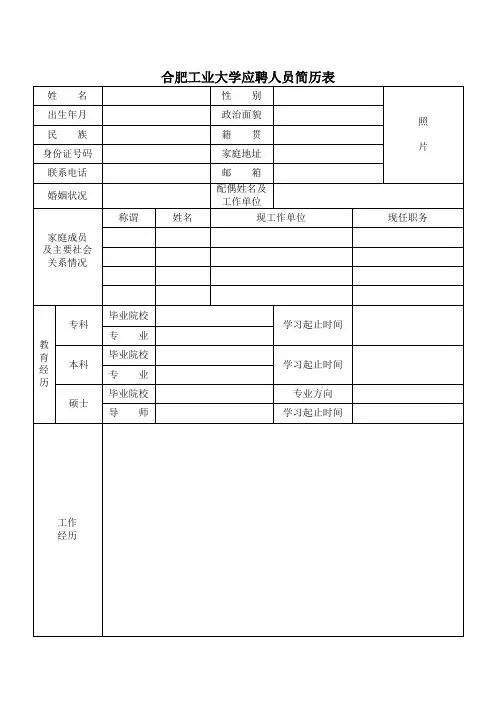 合肥工业大学应聘人员简历表