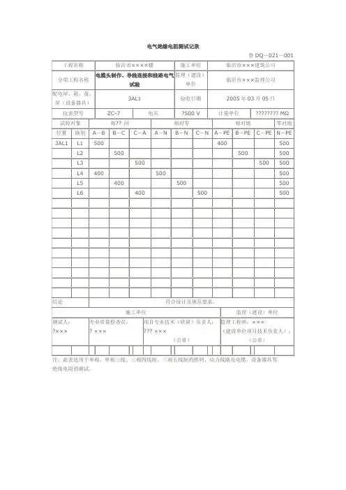 电气绝缘电阻测试记录范例