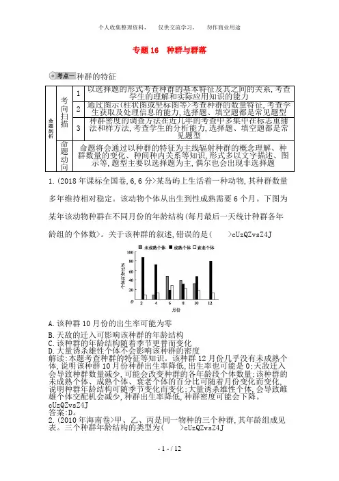 2018届高三生物复习 配套试题汇编 专题16 种群与群落 