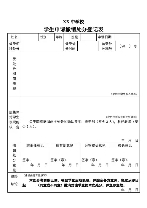 XX中学校中学生申请撤销处分登记表(学生用)