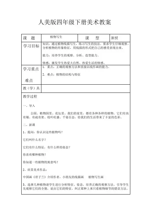 人美版美术四年级下册全册教案(表格式)