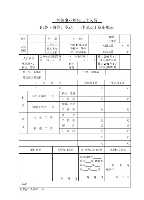 机关事业单位工作人员    职务(岗位)变动、工作调动工资审批表