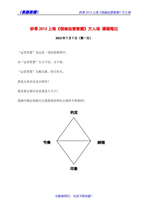 秒哥2013上海《领袖运营智慧》万人场 课程笔记(易燃易爆)20130707(第一天)