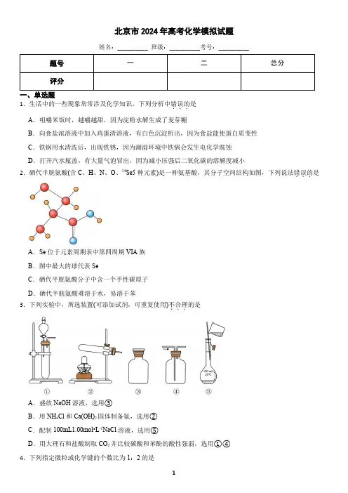 北京市2024年高考化学模拟试题(含答案)9