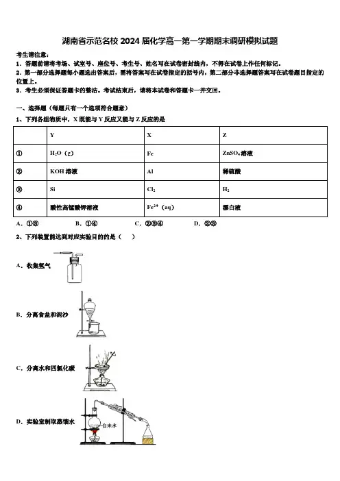 湖南省示范名校2024届化学高一第一学期期末调研模拟试题含解析