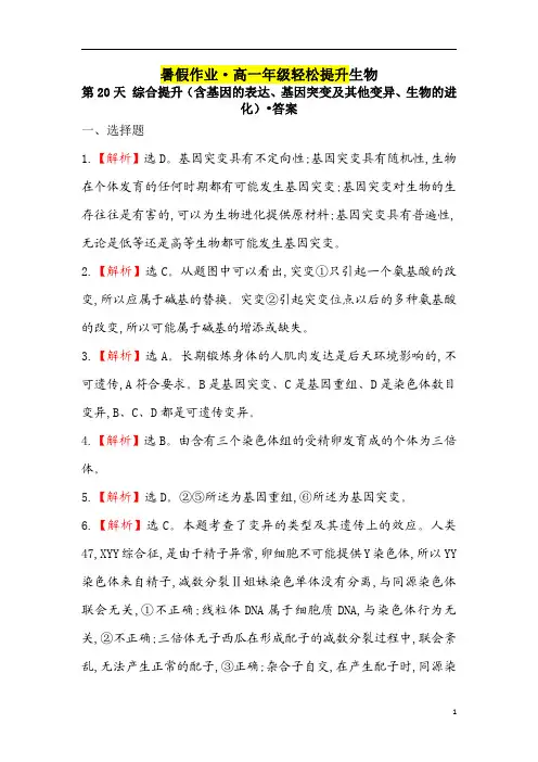 2020年高一新教材生物暑假作业轻松提升：第20天 综合提升(含基因的表达、基因突变及其他变异生物的进化)
