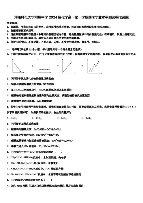 河南师范大学附属中学2024届化学高一第一学期期末学业水平测试模拟试题含解析