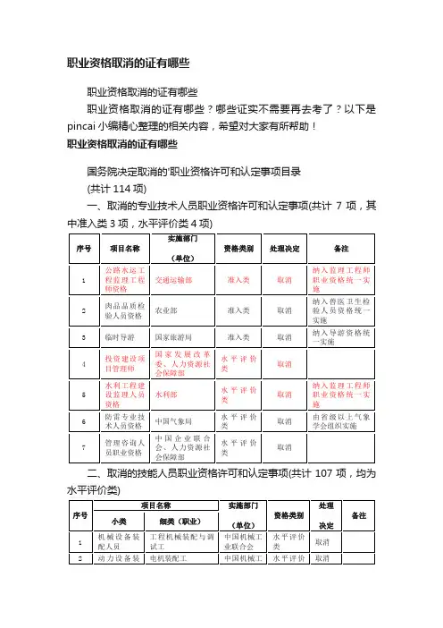 职业资格取消的证有哪些