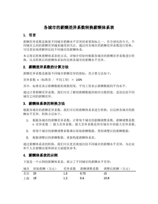各城市的薪酬差异系数转换薪酬体系表