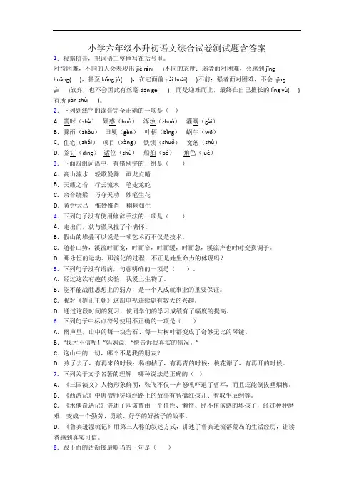 小学六年级小升初语文综合试卷测试题含答案