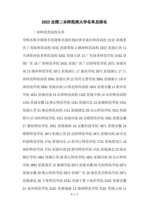 2023全国二本师范类大学名单及排名