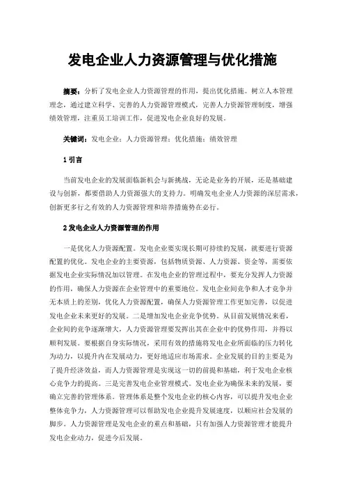 发电企业人力资源管理与优化措施