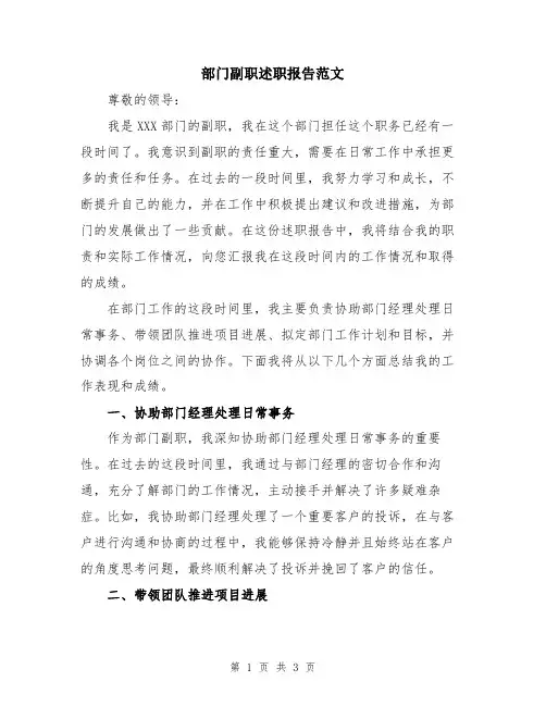 部门副职述职报告范文