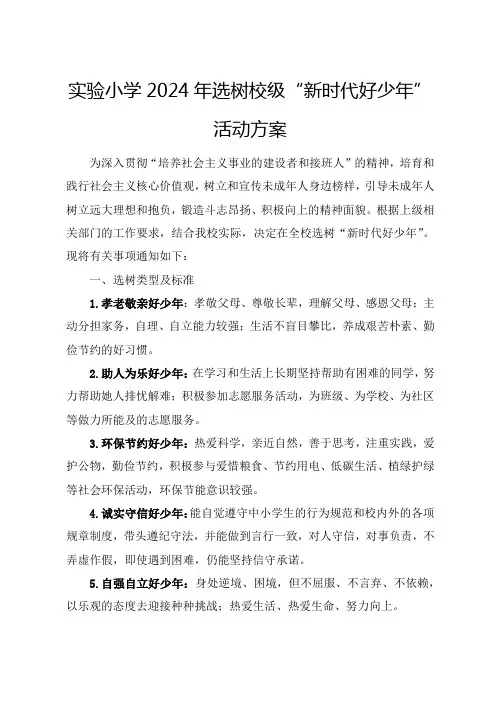 实验小学2024年选树校级“新时代好少年”活动方案