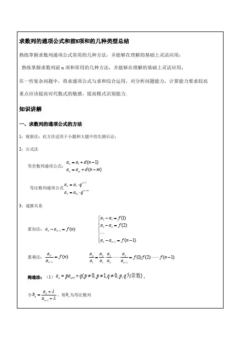 (完整版)求数列的通项公式和前N项和的几种类型总结,推荐文档