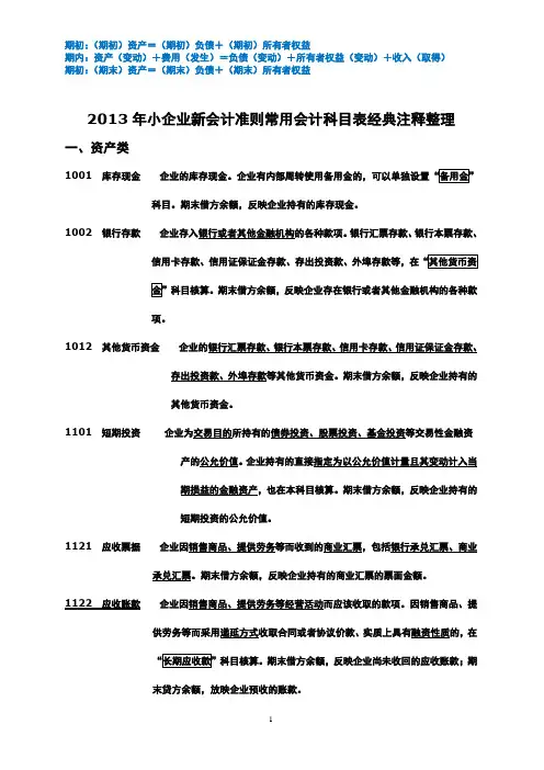2013年新小企业会计准则常用会计科目内容