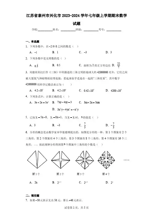 江苏省泰州市兴化市2023-2024学年七年级上学期期末数学试题