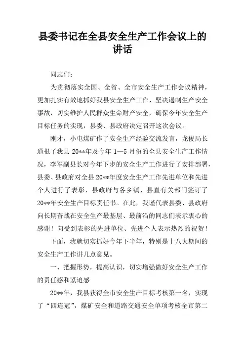 县委书记在全县安全生产工作会议上的讲话_1