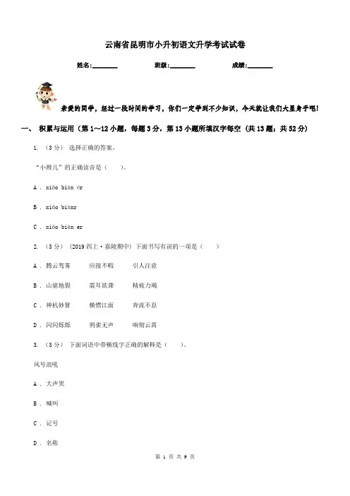 云南省昆明市小升初语文升学考试试卷