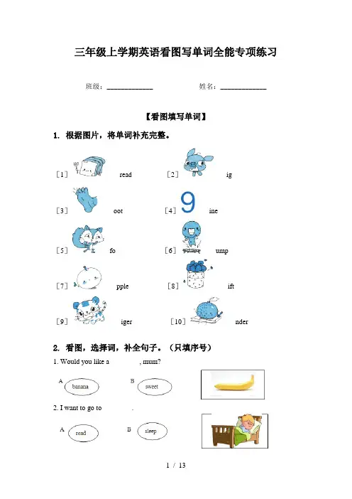 三年级上学期英语看图写单词全能专项练习