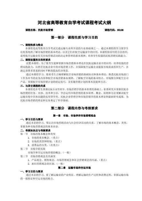 河北自考《05108民航市场营销(河北)》考试大纲