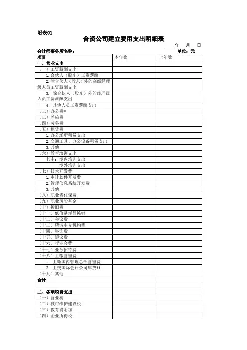 合资公司建立费用支出明细表